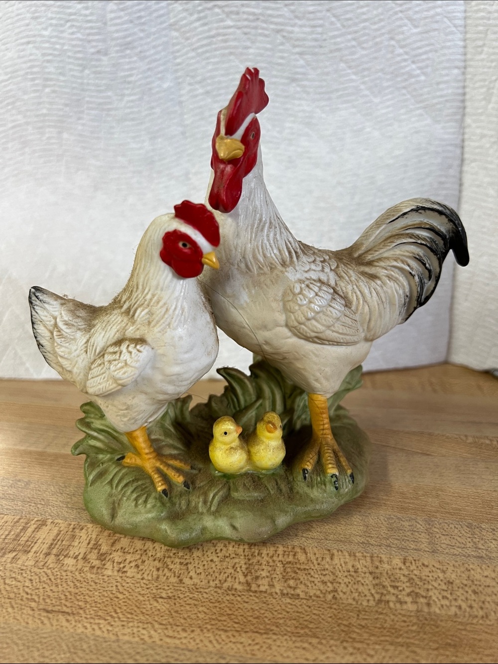 Ceramic Rooster and Hen Figurine with Chicks - White and Yellow